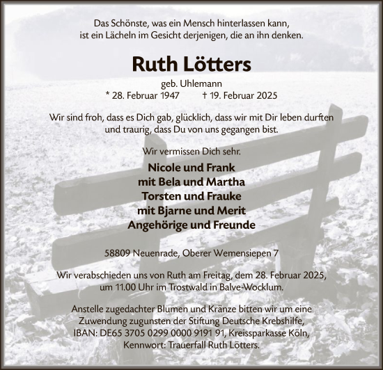 Todesanzeige von Ruth Lötters von WA