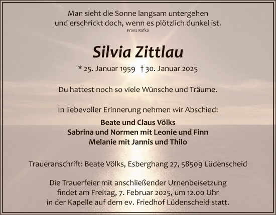 Todesanzeige von Silvia Zittlau von WA