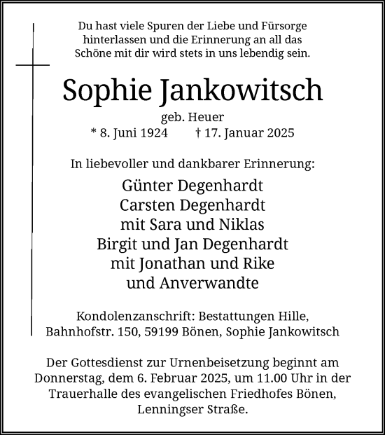 Todesanzeige von Sophie Jankowitsch von WA