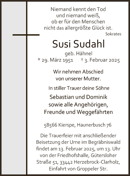 Todesanzeige von Susi Sudahl von WA