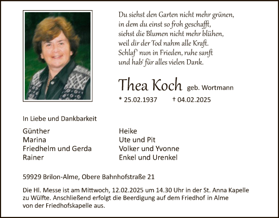 Todesanzeige von Thea Koch von WA
