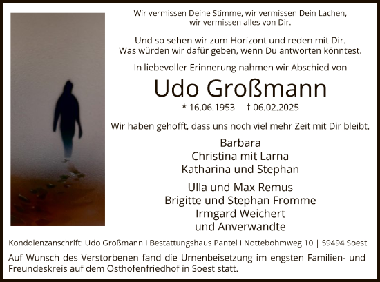 Todesanzeige von Udo Großmann von WA