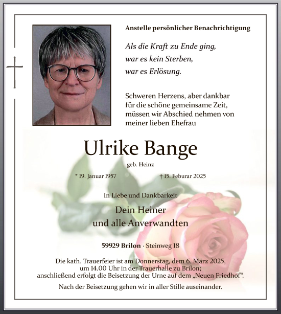 Todesanzeige von Ulrike Bange von WA