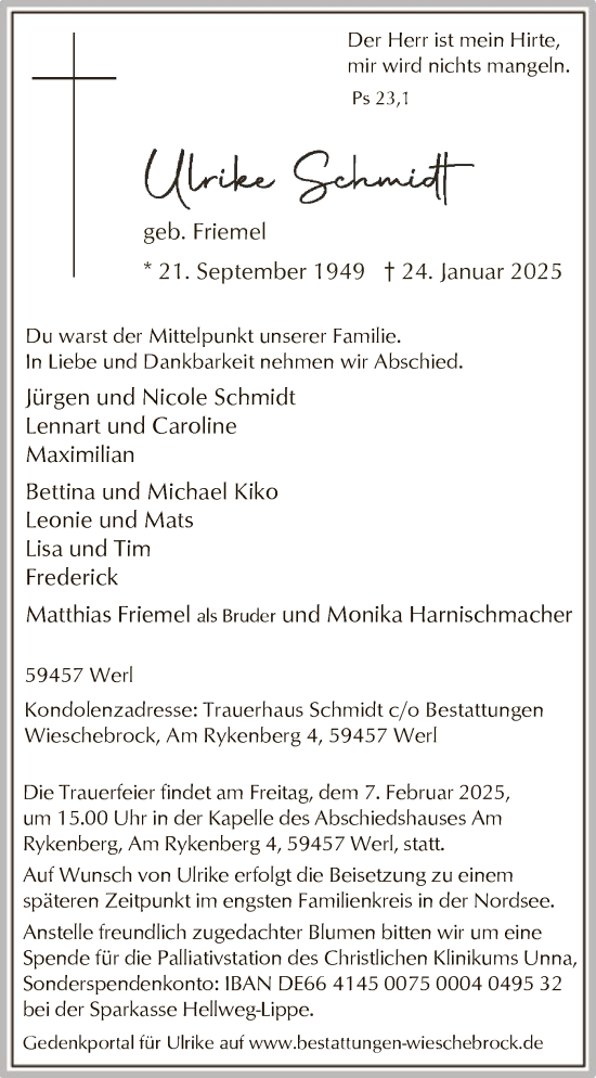Todesanzeige von Ulrike Schmidt von WA