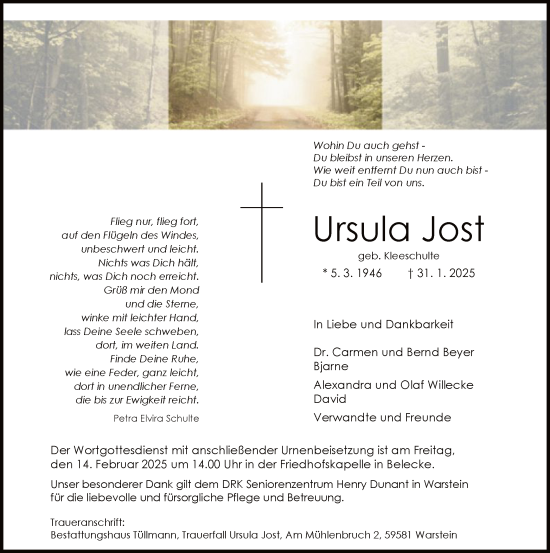 Todesanzeige von Ursula Jost von WA