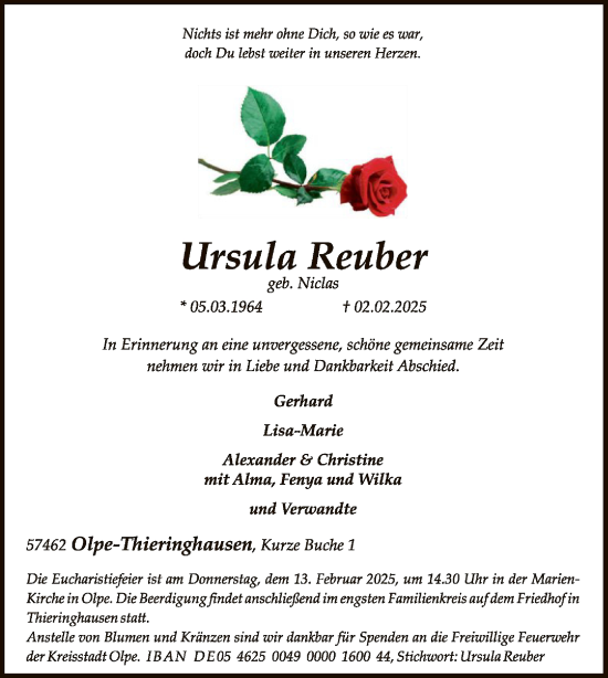 Todesanzeige von Ursula Reuber von WA