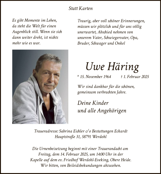 Todesanzeige von Uwe Häring von WA