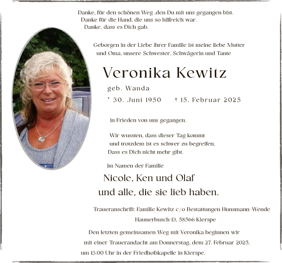 Todesanzeige von Veronika Kewitz von WA