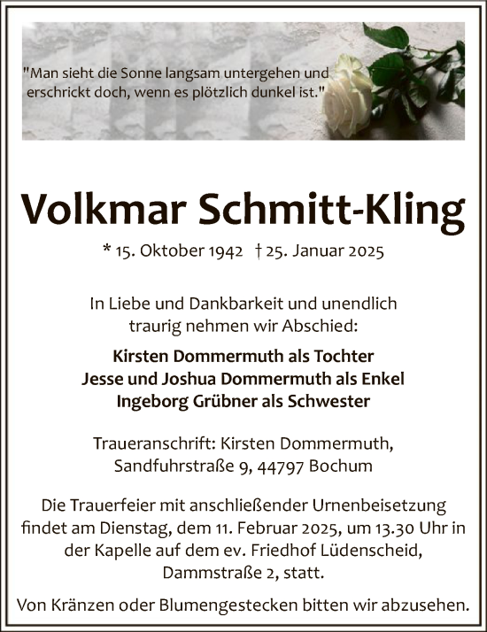Todesanzeige von Volkmar Schmitt-Kling von WA