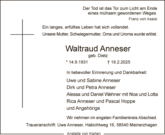 Todesanzeige von Waltraud Anneser von WA