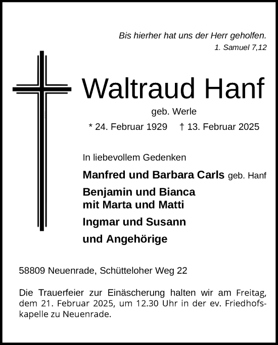 Todesanzeige von Waltraud Hanf von WA