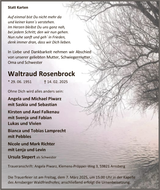 Todesanzeige von Waltraud Rosenbrock von WA
