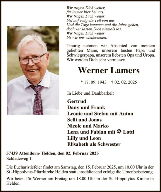 Todesanzeige von Werner Lamers von WA