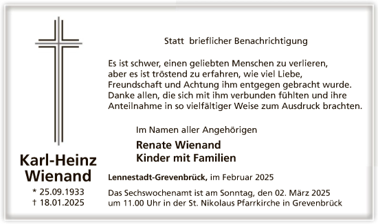 Todesanzeige von Wienand,Karl-Heinz TD von WA