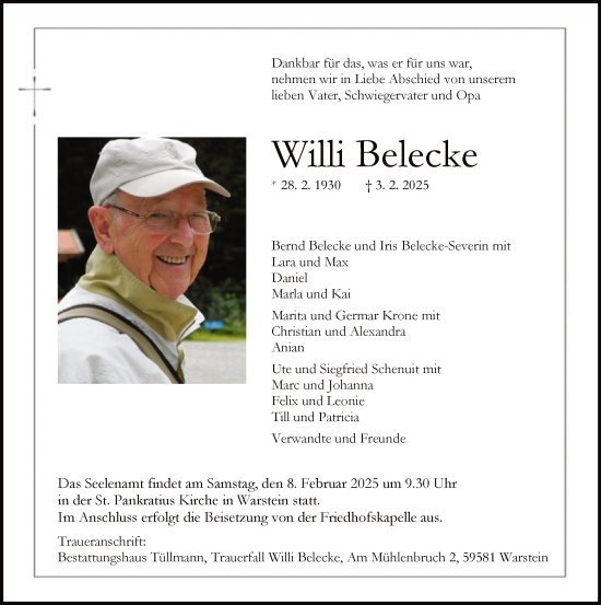 Todesanzeige von Willi Belecke von WA