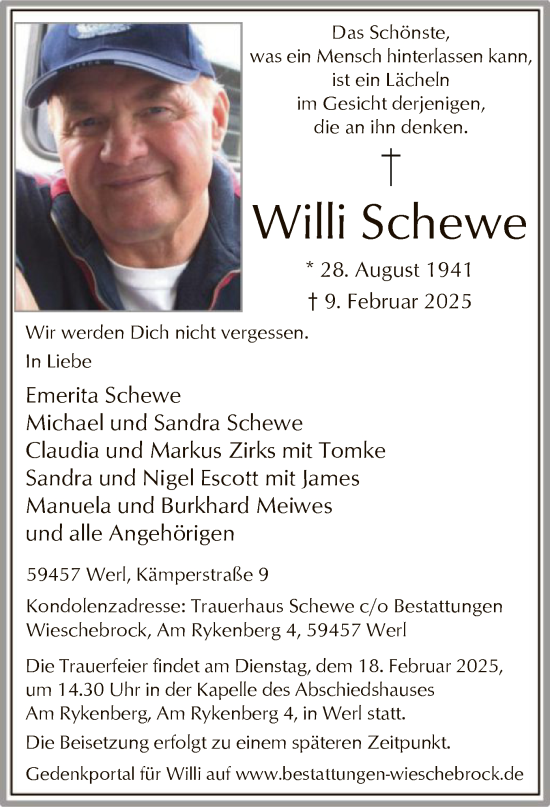 Todesanzeige von Willi Schewe von WA