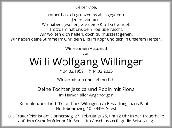Todesanzeige von Willi Wolfgang Willinger von WA