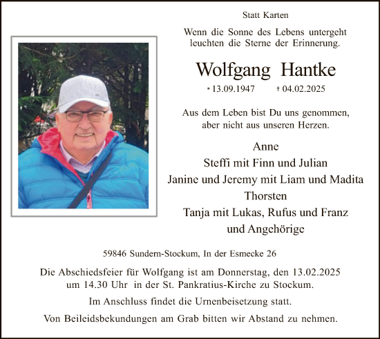 Todesanzeige von Wolfgang Hantke von WA