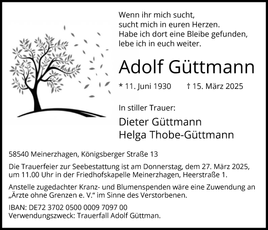 Todesanzeige von Adolf Güttmann von WA