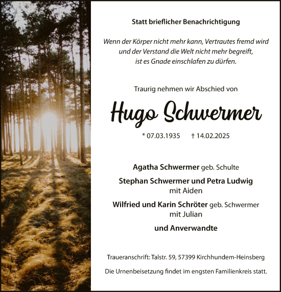 Todesanzeige von Agatha Schröter von WA