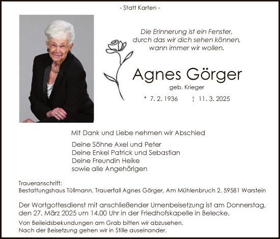 Todesanzeige von Agnes Görger von WA