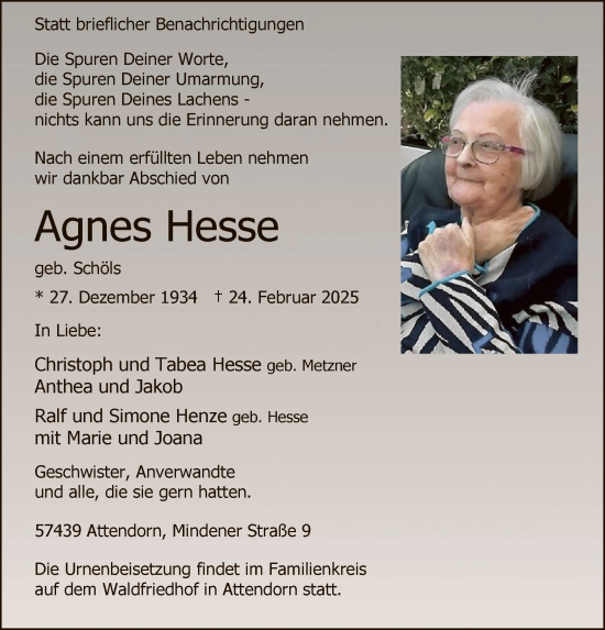 Todesanzeige von Agnes Hesse von WA
