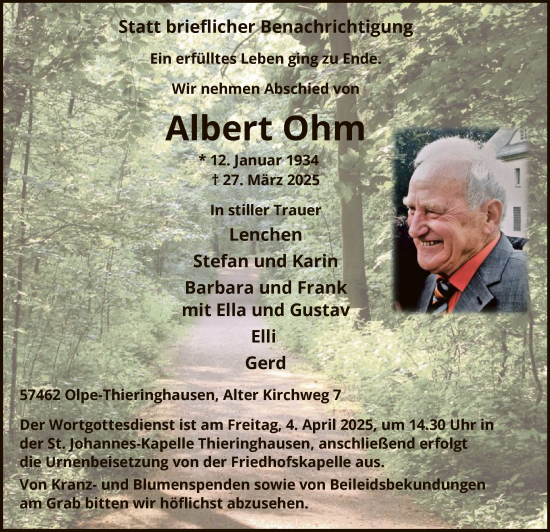 Todesanzeige von Albert Ohm von WA