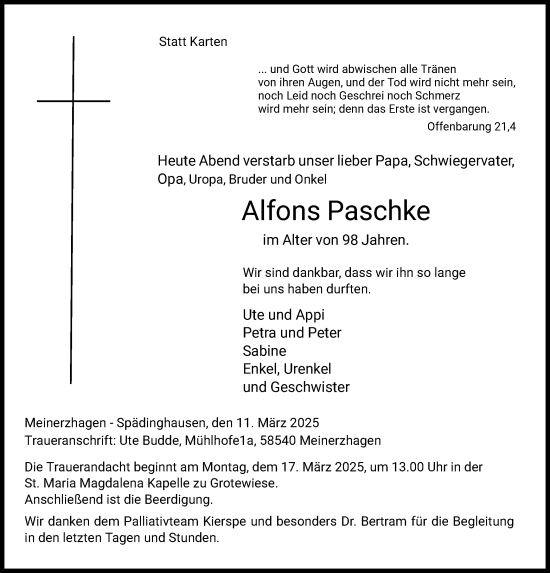 Todesanzeige von Alfons Paschke von WA