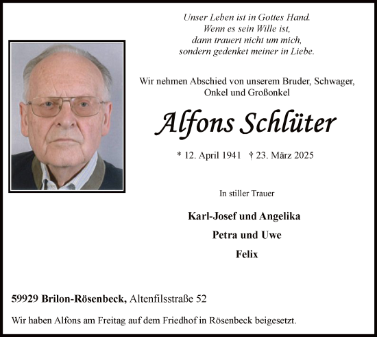 Todesanzeige von Alfons Schlüter von WA