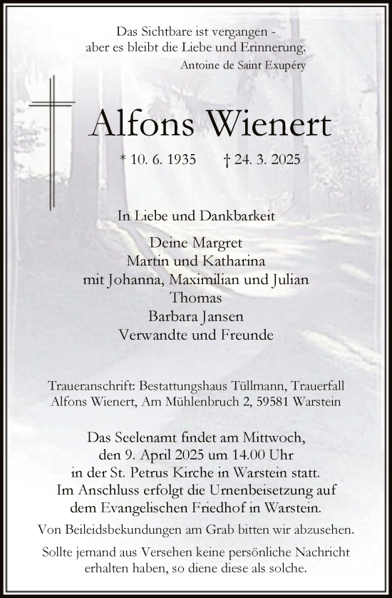 Todesanzeige von Alfons Wienert von WA