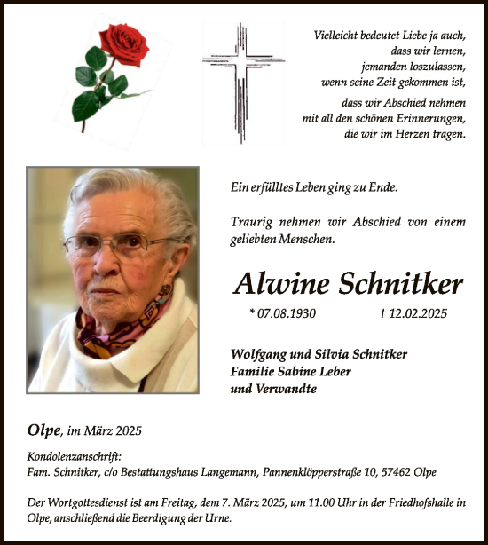 Todesanzeige von Alwine Schnitker von WA