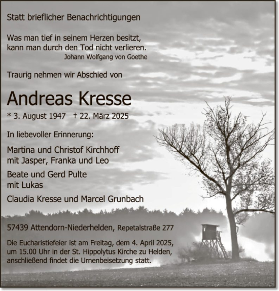 Todesanzeige von Andreas Kresse von WA