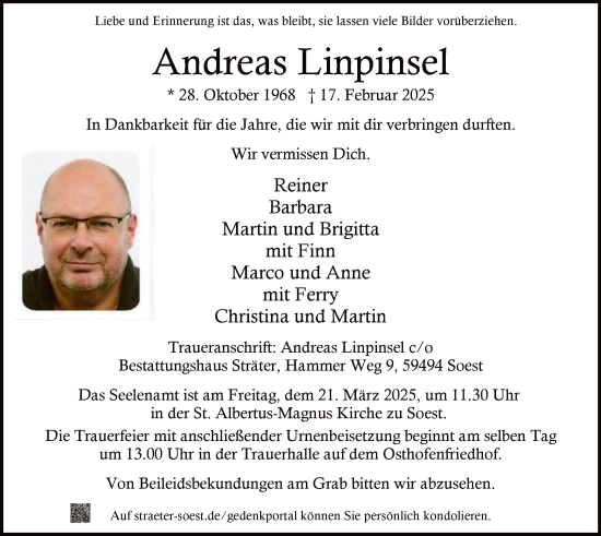 Todesanzeige von Andreas Linpinsel von WA