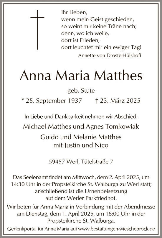 Todesanzeige von Anna Maria Matthes von WA