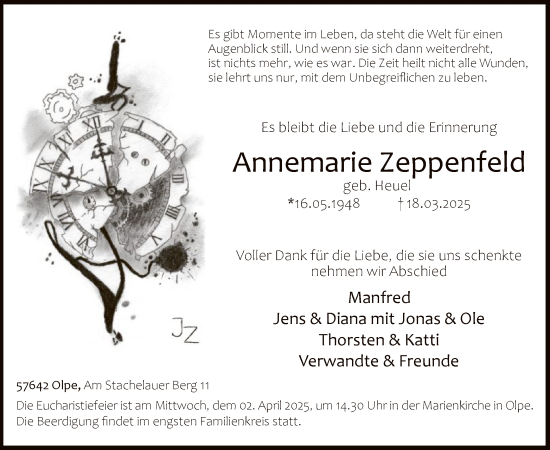 Todesanzeige von Annemarie Zeppenfeld von WA