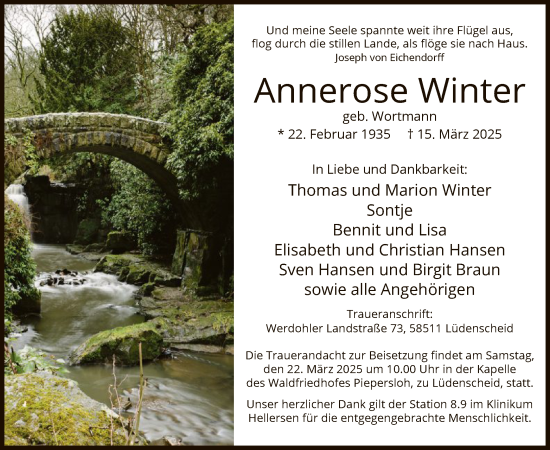 Todesanzeige von Annerose Winter von WA