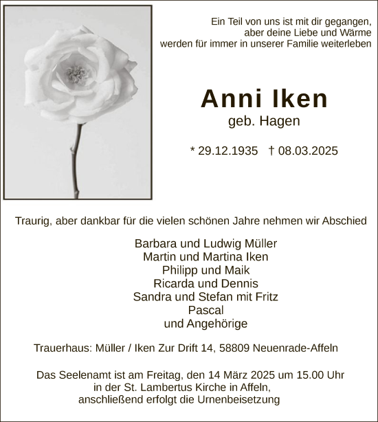 Todesanzeige von Anni Iken von WA