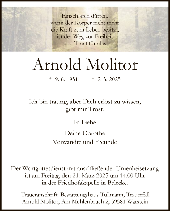 Todesanzeige von Arnold Molitor von WA