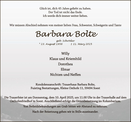 Todesanzeige von Barbara Bolte von WA