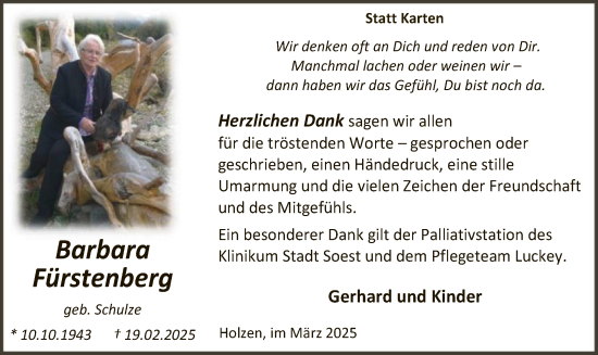 Todesanzeige von Barbara Fürstenberg von WA