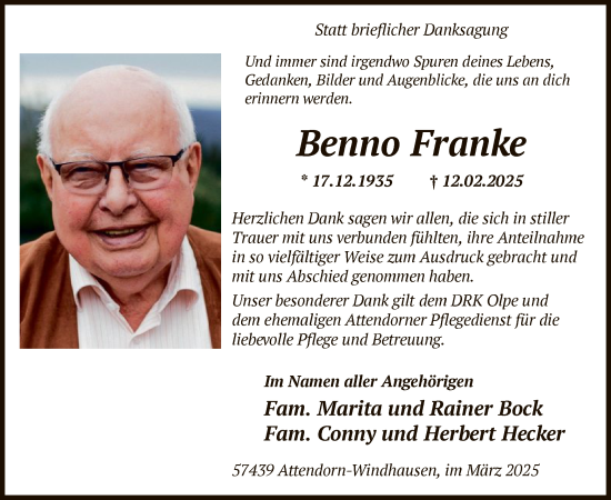 Todesanzeige von Benno Franke von WA
