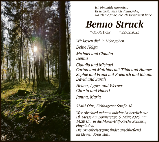 Todesanzeige von Benno Struck von WA