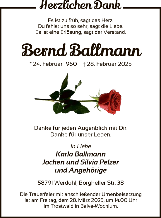 Todesanzeige von Bernd Ballmann von WA
