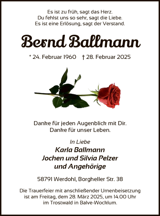 Todesanzeige von Bernd Ballmann von WA