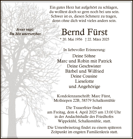 Todesanzeige von Bernd Fürst von WA