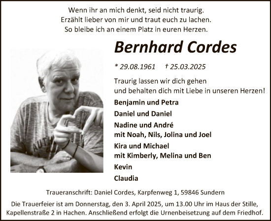 Todesanzeige von Bernhard Cordes von WA