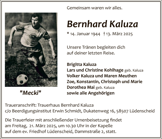 Todesanzeige von Bernhard Kaluza von WA
