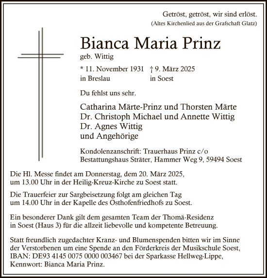 Todesanzeige von Bianca Maria Prinz von WA
