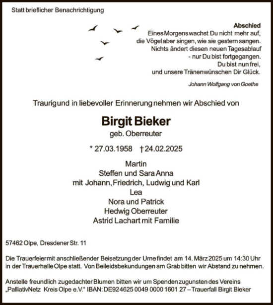 Todesanzeige von Birgit Bieker von WA