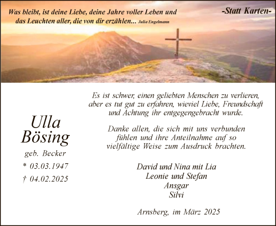 Todesanzeige von Bösing, Ulla von WA